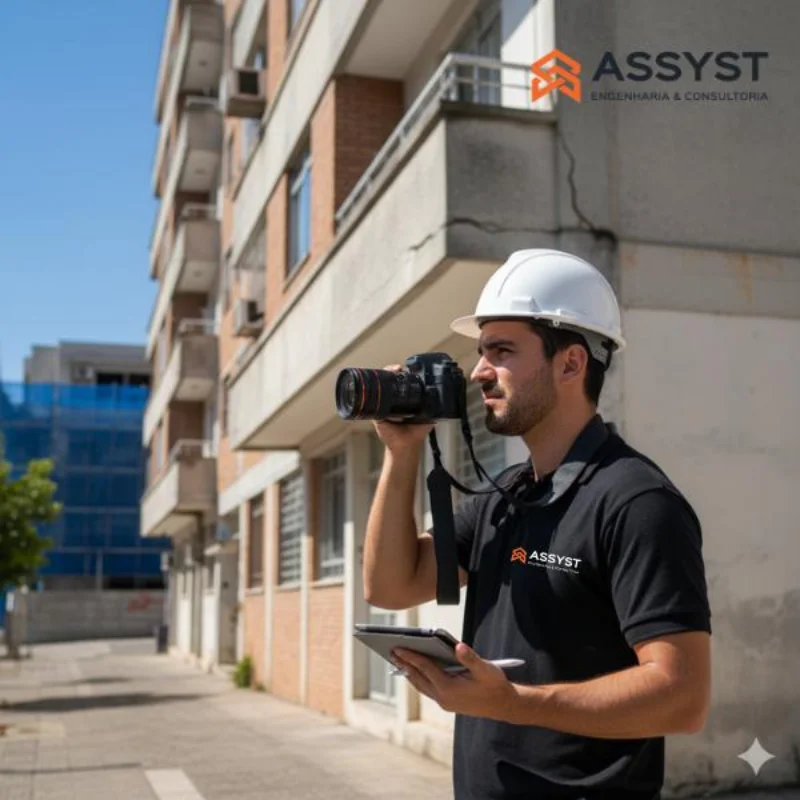 Engenheiro fotografando a fachada de edifício residencial vizinho ao canteiro de obra, registrando fissuras e estado de conservação para o laudo cautelar