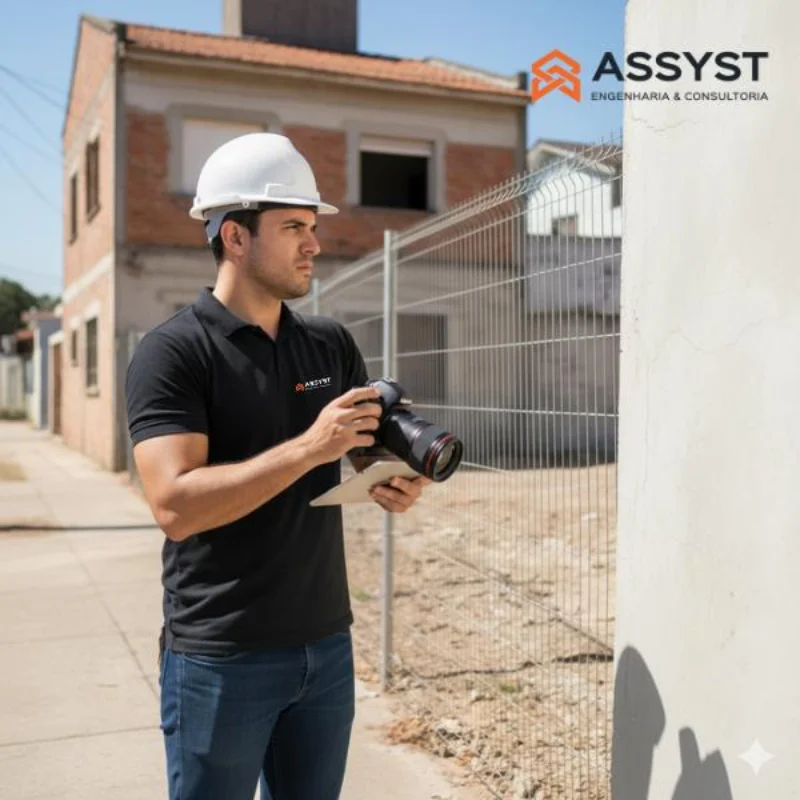 Engenheiro da Assyst em frente a canteiro de obra com tela de proteção, executando vistoria cautelar antes do início das atividades