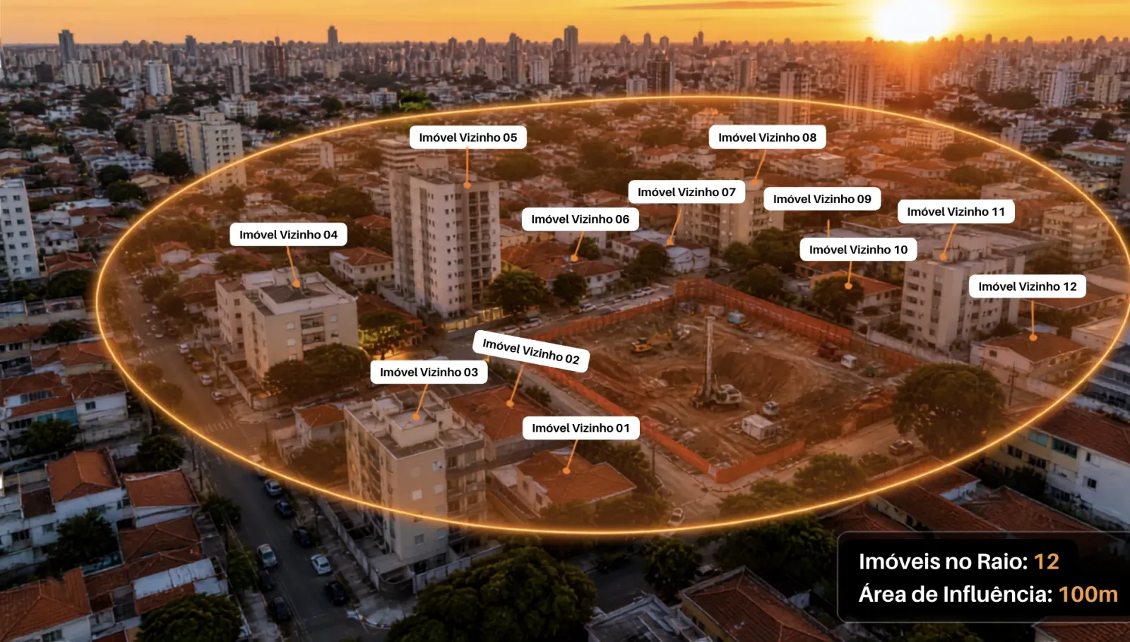 Vista aérea de uma obra em São Paulo com o raio de influência de 100 metros destacado e os 12 imóveis vizinhos a serem vistoriados antes do início dos trabalhos