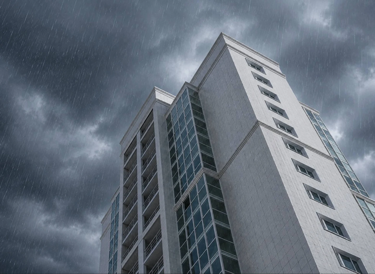 Fachada de edifício sob chuva, condição que interrompe serviço em altura