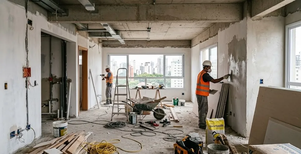 Apartamento em reforma com pedreiros executando intervenção