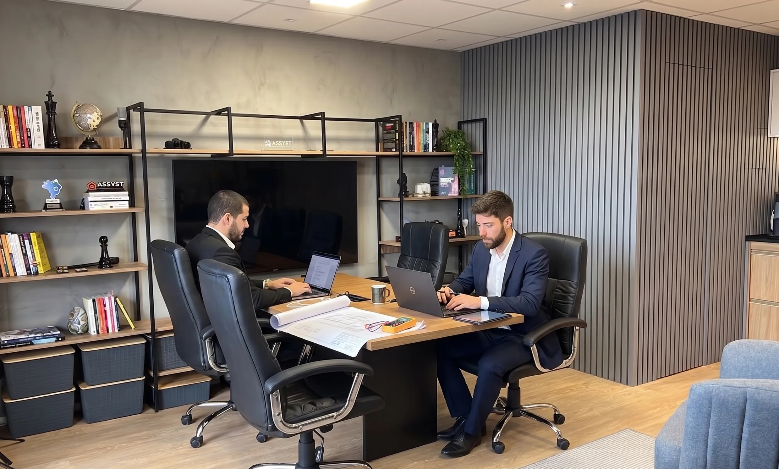 Engenheiros Assyst analisando projeto de reforma no escritório