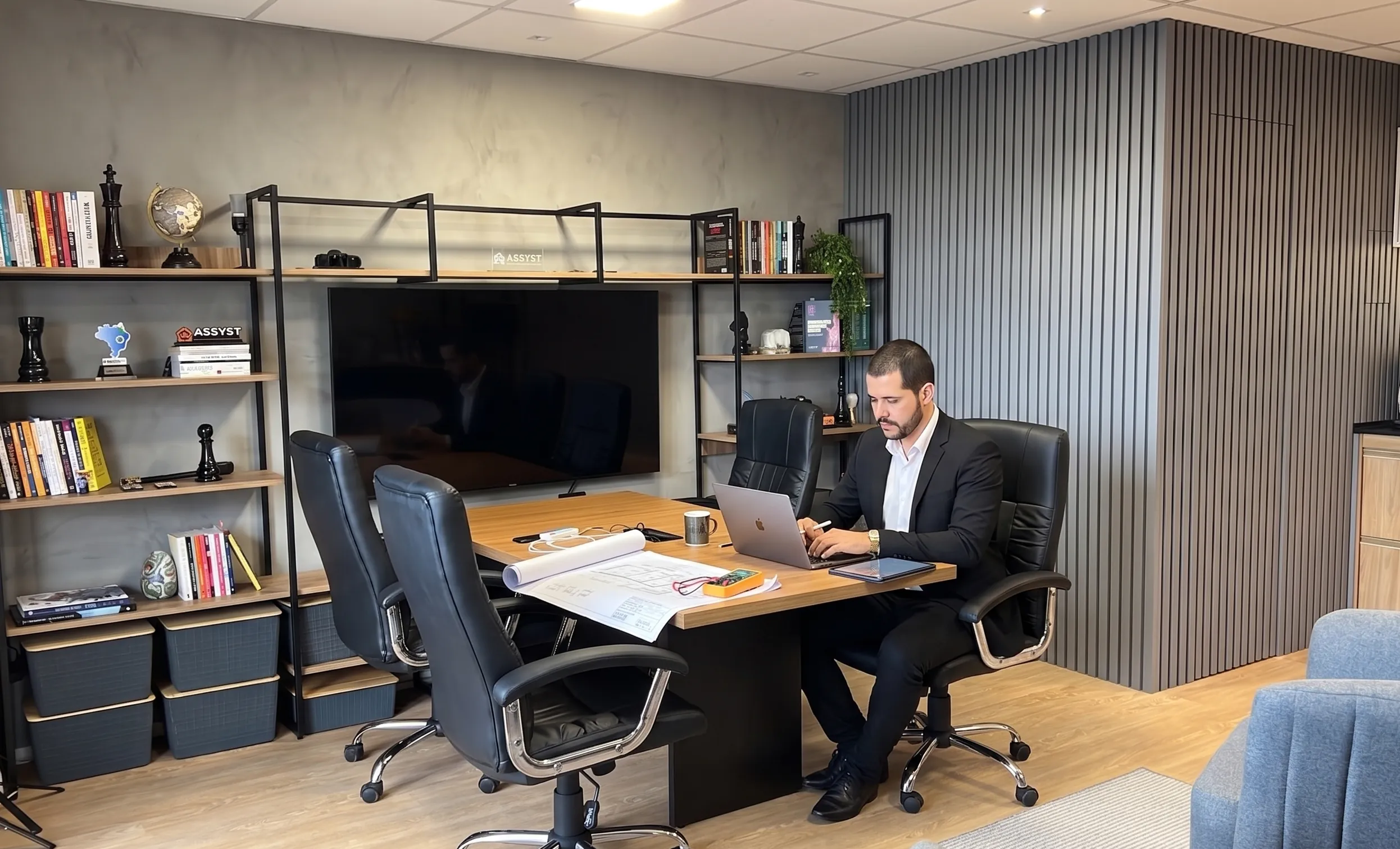Engenheiro Assyst analisando projeto de reforma no escritório