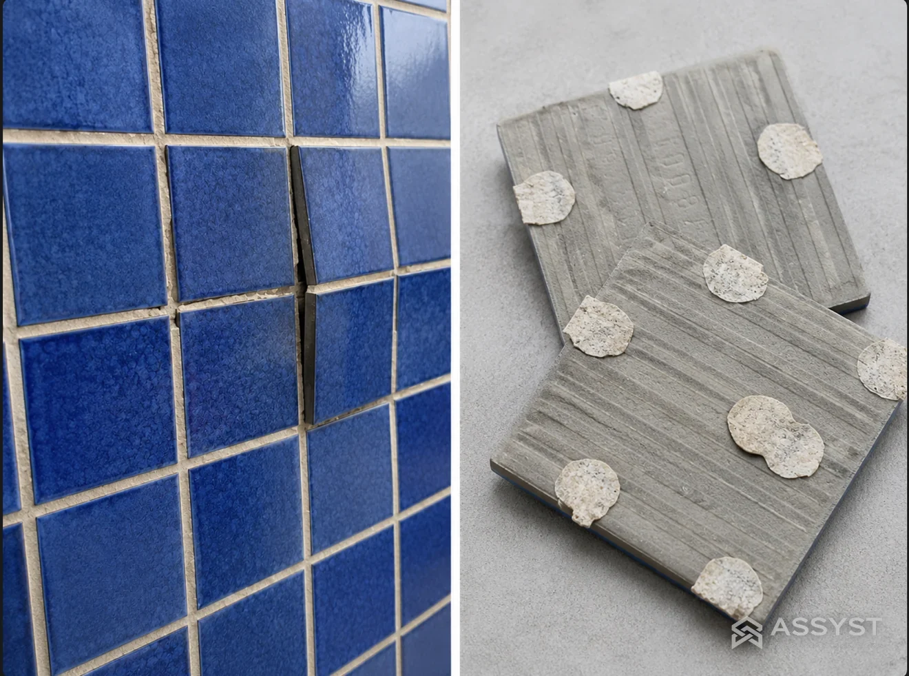 À esquerda, fachada de pastilha azul com peças descoladas e juntas abertas. À direita, o tardoz de duas pastilhas que caíram, com apenas alguns pontos isolados de argamassa e o restante da superfície limpa