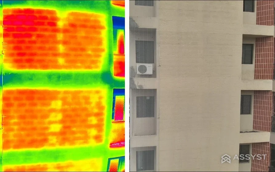 Comparação de uma mesma fachada: à esquerda a imagem térmica captada por drone, revelando o padrão da alvenaria e variações de temperatura; à direita a foto visual, em que a superfície aparece uniforme
